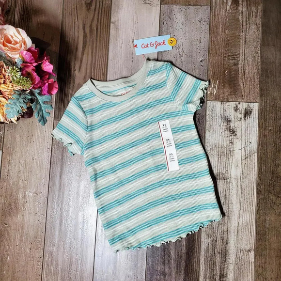 NWT Cat & Jack Girls Sage Green Striped Shirt Size XS (4-5) - Picture 1 of 8